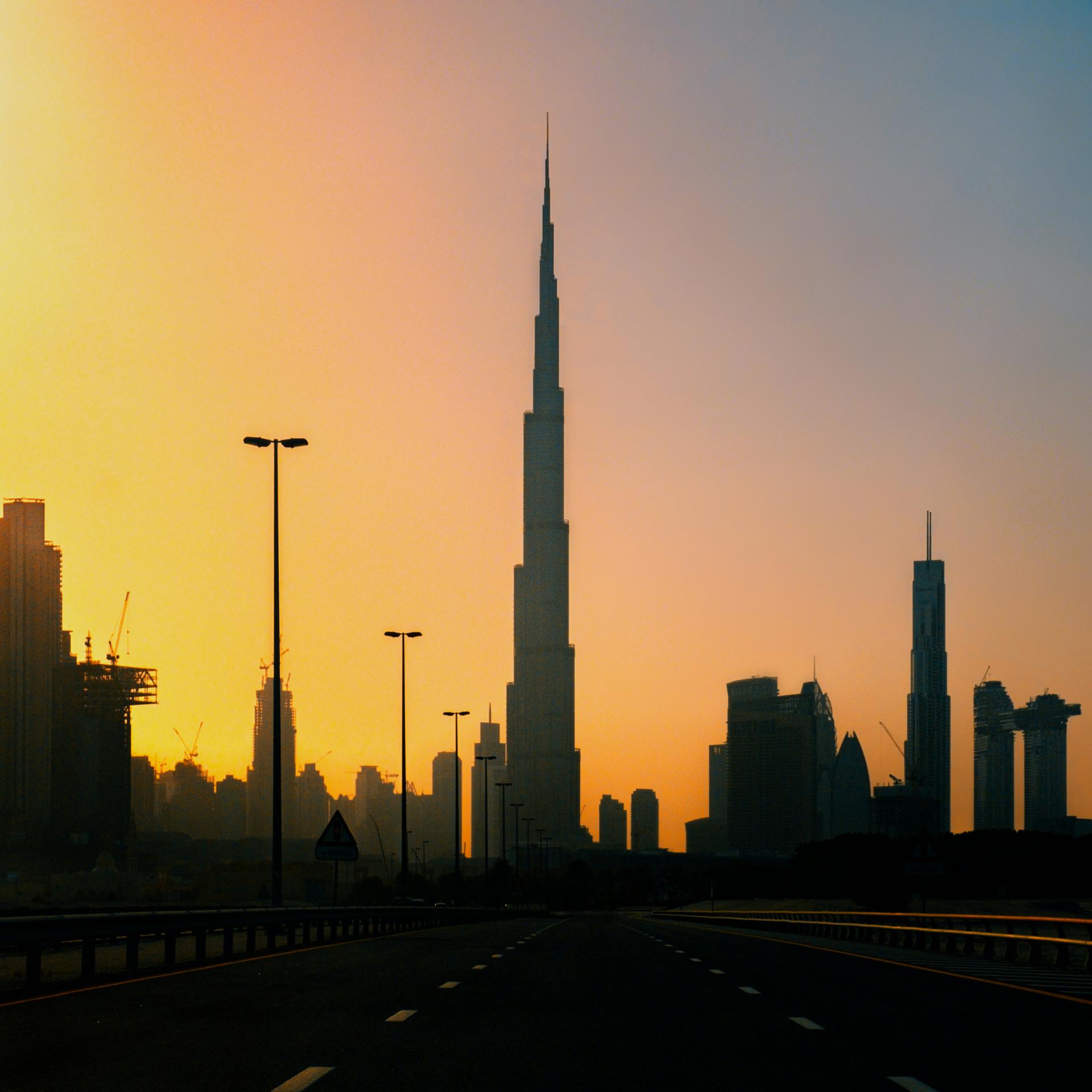 Dubai skyline with Burj Khalifa at sunset