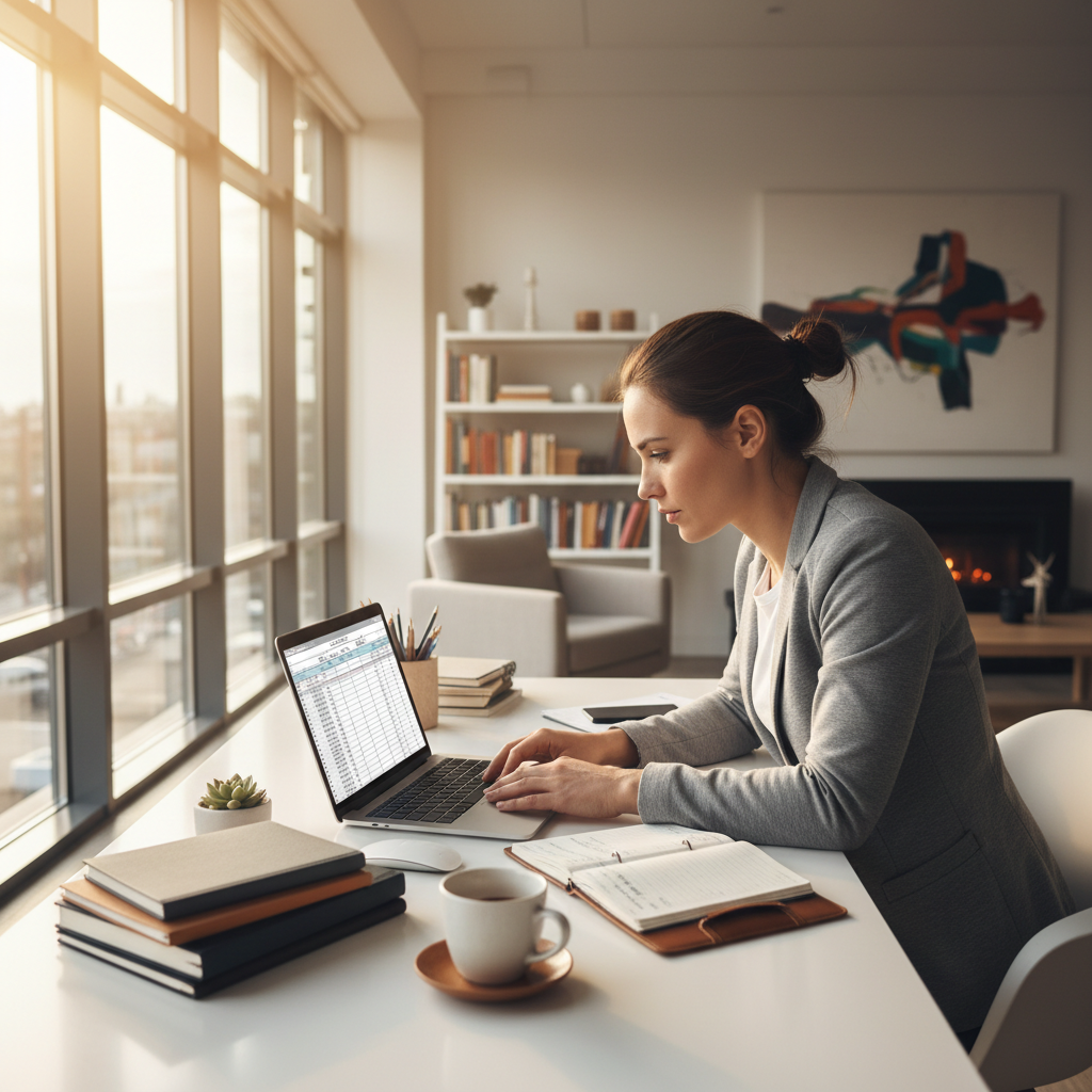 Entrepreneur working on laptop in small business office