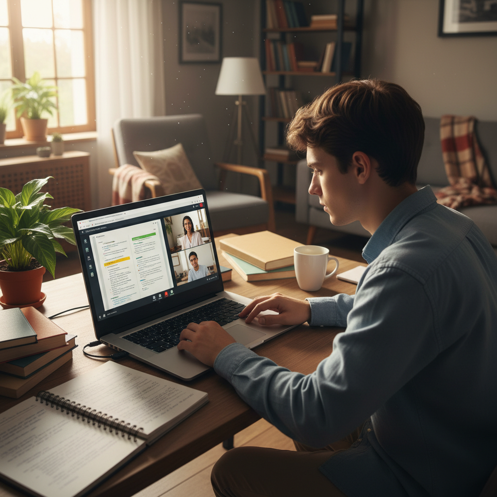 Student studying online course on laptop